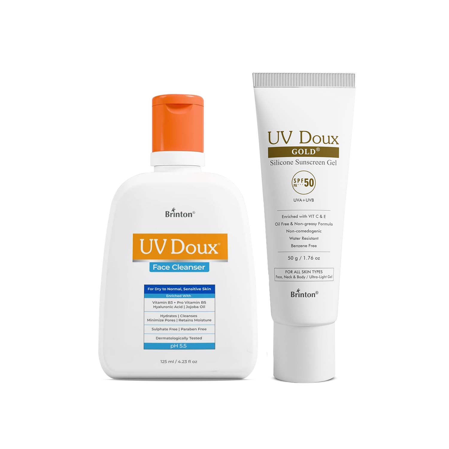 Brinton UV Doux Face Cleanser (125ml) + Brinton UV Doux Gold Silicone Sunscreen Gel SPF 50 PA+++ (50g) with Vitamin C & E, Matte Finish, Water Resistant Oil-Free Sun Protection for All Skin Types-image-37