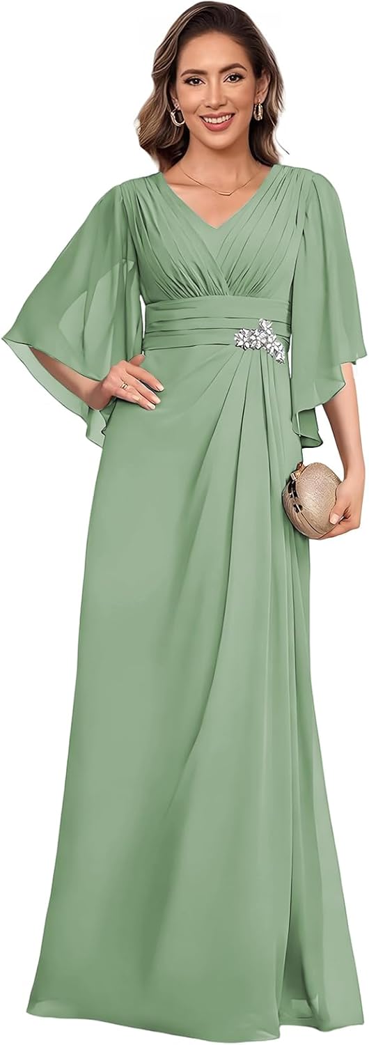 Chiffon V Neck Mother of Brides Dress Pleated Half Sleeves Beads Empire Waist Formal Evening Gowns