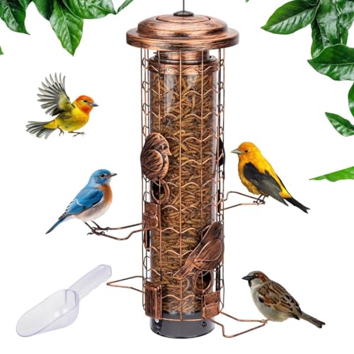 Squirrel-Proof Bird Feeders for Outdoors Feeds Mealworms and Seeds - Large 3-Pound Capacity, Weather-Resistant Hanging Tube for Birds Includes Seed Scoop, 4 Hook-Shaped Perches, Anti-Squirrel Weights