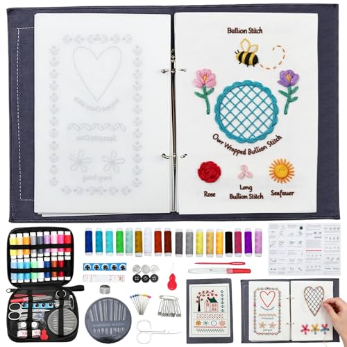 Garqitwan Stickbuch Embroidery Stitch Book Stickset für Anfänger Sticken Set mit Nähwerkzeugen und Herausnehmbaren Seiten Stickbuch Tragbar Embroidery Kit für Erwachsene und Bastelbegeisterte