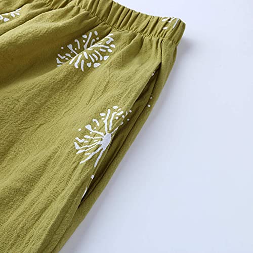 Image of Cotton Linen Capri Pants for Women 2025 Casual Printed Cropped Palazzo Pants Elastic Waist Lounge Baggy Trousers