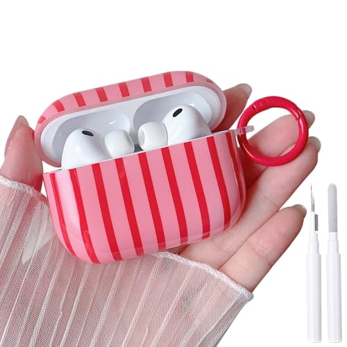 Image of MINSCOSE for AirPods Pro 3rd Generation Case (2025),Cute Striped Aesthetic Pattern Design with Girly Keychain Ring,Soft TPU Protective Shockproof Cover with Cleaner Kit for Airpods Pro 3-Dark Pink