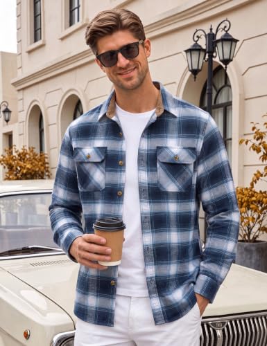 Image of Cotrasen Mens Flannel Shirts Cotton Plaid Button Down Shirt | Long Sleeve, Corduroy Collared, Soft,Breathable, Work, Western, Trendy, Casual Classic Flannel Shirt with Pocket
