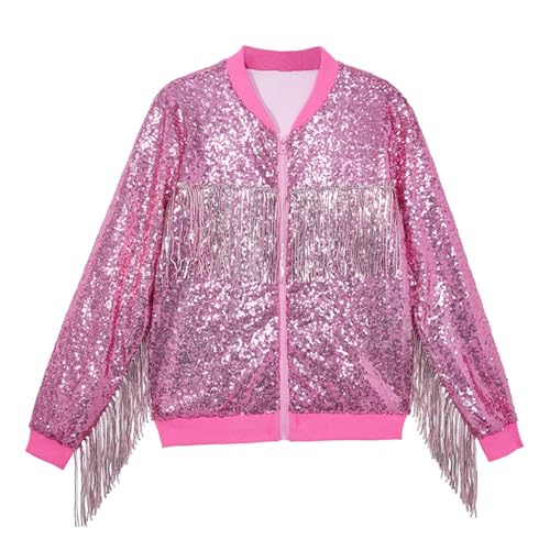 Kids Girls Hip Hop Dance Jackets Sparkle Sequins Tassels Coats Long Sleeve Zipper Blazer for Party Streetwear2