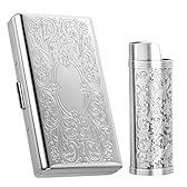 Vintage Metal Cigarette Case with J6 Lighter Metal Case, Holds 12pcs 100mm Cigarettes, Can Also Be Used for RFID Credit Card and Cash Organizer (Silver, 12pcs 100's)