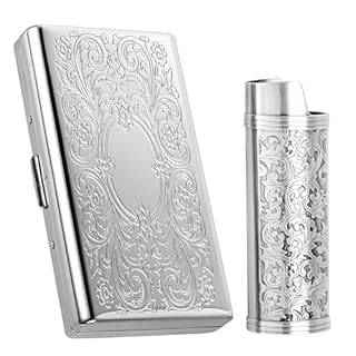 Vintage Metal Cigarette Case with J6 Lighter Metal Case, Holds 12pcs 100mm Cigarettes, Can Also Be Used for RFID Credit Card and Cash Organizer (Silver, 12pcs 100's)