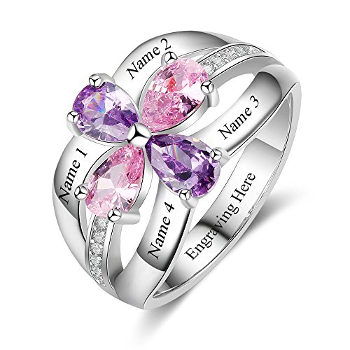 Personalized Sterling Silver Mothers Rings with 4 Simulated Birthstones 4 Names Custom Family Mom Jewelry Engraved Promise Rings for Women