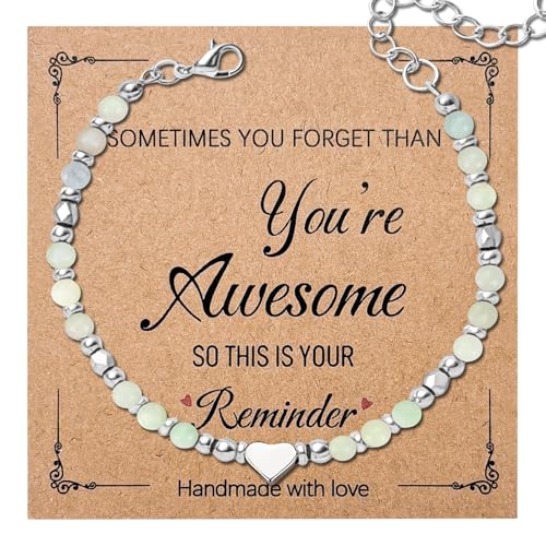 kelav - kelav Cadeau Bracelet Pierres Naturelles, 4 mm Bracelet Femme Bijoux Cadeau 17 + 5 cm Réglable, Réglable en Acier Inoxydable avec Breloque Cœur pour Filles Mère