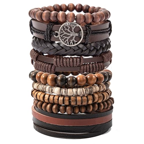 Image of EGOINA Punk Leather Bracelet for Men Leather 9-10 PCS Braided Cuff Bracelet Wooden Beads Skull Metal Leather Bracelet