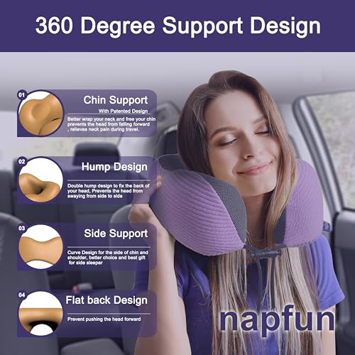 Image of napfun Neck Pillow for Traveling, Upgraded Travel Neck Pillow for Airplane 100% Pure Memory Foam Travel Pillow for Flight Headrest Sleep, Portable Plane Accessories, Light Purple