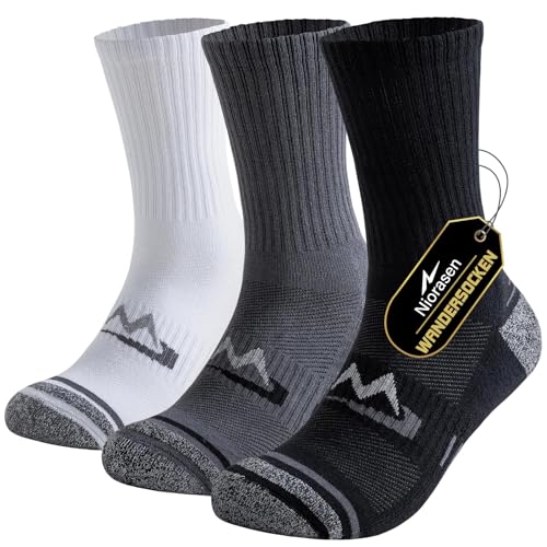Niorasen Calze Trekking Uomo, 3 Paia Calze Sportivi in Cotone Transpirables, Calzini Spugna Anti Vesciche, Adatto per Escursionismo, Tennis e Running