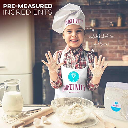 Baketivity Kids Baking DIY Activity Kit - Bake Delicious Chocolate Chunk Cookies with Pre-Measured Ingredients – Best Gift Idea for Boys and Girls Ages 6-12 – Includes Free Hat and Apron