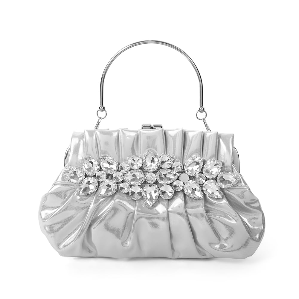 Women’s Crystal Floral Clutch Bag with Clasp Closure | Metallic Pleated Evening Handbag for Wedding, Party & Festive Use | Compact Purse for Phone, Cards & Essentials-image-45