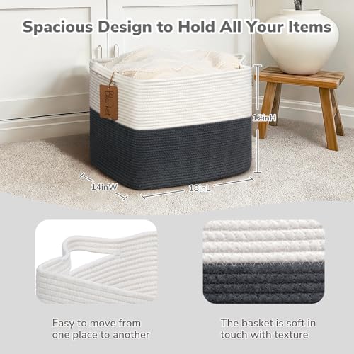 Image of Goodpick 50L Large Woven Rope Storage Basket, Rectangle, Dark Gray | 18 inch x 14 inch x 12 inch Decorative Gift Basket for Living Room & Nursery Organization, Fits Blanket & Toy Storage, Writable Label