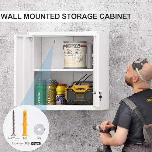 Image of Office Wall Cabinet, Morden 2 Doors Hanging Storage with Adjustable Shelves, Locking Cabinet with Keys, Small Ofiice Storage for School, Home, White