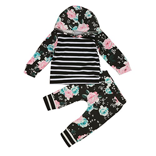 1-6T Baby Toddler Girls Stripe Hooded Shirt Floral Pants Hoodie Outfits Set (Color : Black+Floral, Size : 4-5Y)