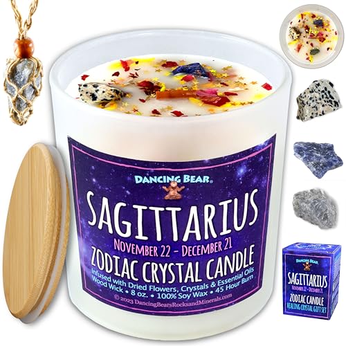 DANCING BEAR Sagittarius Zodiac Candle Gift Box Set with 3 Healing Crystals & Stone Holder Necklace 100% Soy Scented Wax Crackling Wood Wick 45 Hour Burn Time