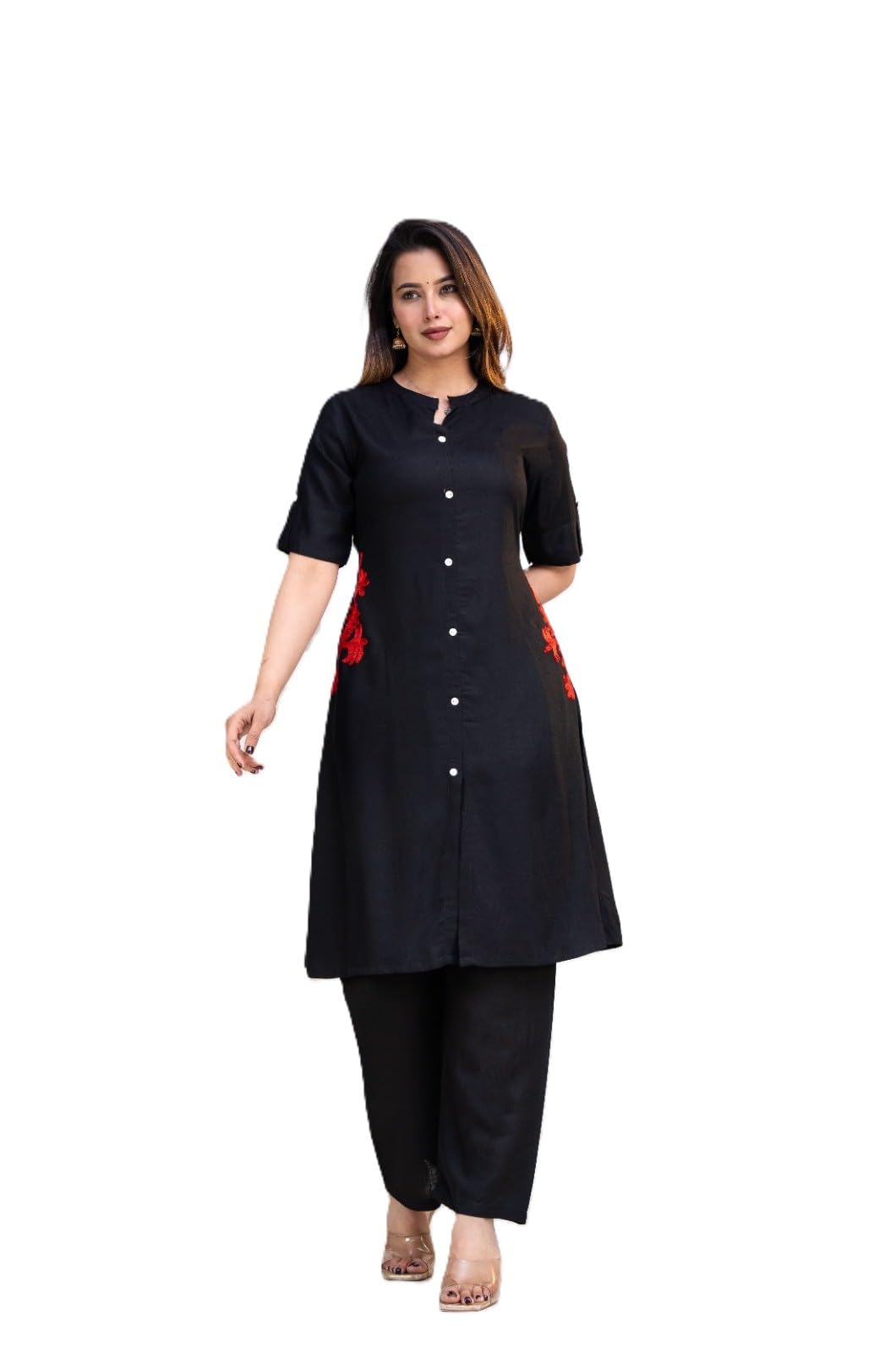 Women's Cotton Kurti with Palazzo Set, Button Front, Embroidered, Orange, Teal, Yellow-image-17