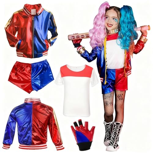 BITOYO Disfraz de Quinn Niñas, Disfraz de Quinn Cosplay de Joker, con Chaqueta Camiseta Pantalones cortos y Guantes, para Halloween Carnaval Navidad Cosplay de Payaso 130CM (L)