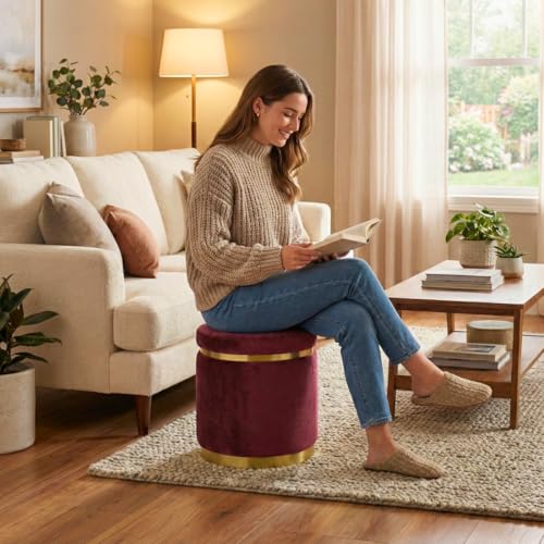 Image of Decorative Ottoman Pouffes for Sitting - Two-Piece Set of Puffy Stools and Footstools - Round Ottoman Stool for Living Room Furniture (Maroon)