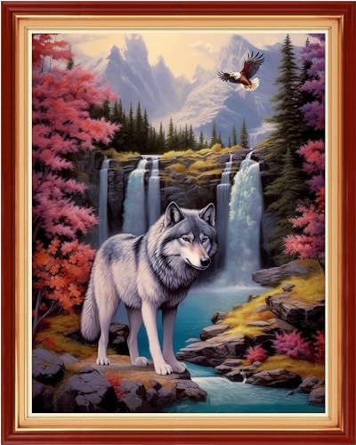 Image of Dooxvey Cross Stitch Kits for Adults Stamped Full Range of Embroidery Starter Kits for Beginners 11CT Printed Cross Stitch Patterns Needlepoint Kits Stamped Crossstitching-Wolf Falls 16x20 inch