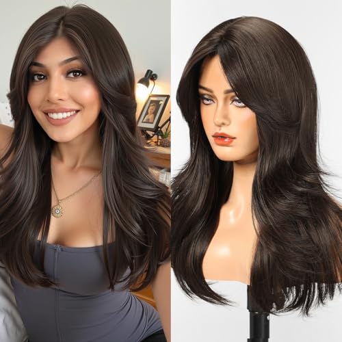WOKESTAR Natural Long Wigs for Women with Fringe Synthetic Heat Resistant Hair Natural Brown Wig for Daily Party Cosplay Use
