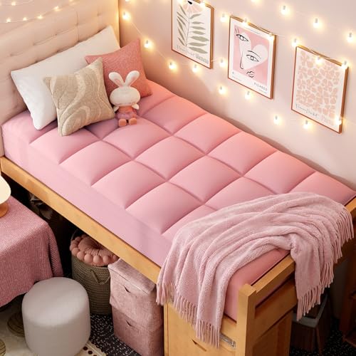 Image of ELEMUSE Pink Twin XL Mattress Topper for College Dorm, Plush Pillow top | College dorm room essential for girls&guys, overfilled filling adds plush comfort, deep pocket design fits twin xl mattresses