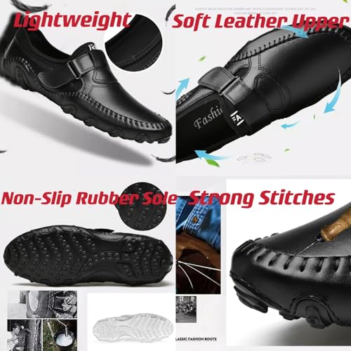 Men's Slip-On Leather Loafers with Adjustable Stickers Lightweight&Soft Round Toe Penny Loafers Low-Top Flats Moccasin Boat Shoes for Driving Walking3