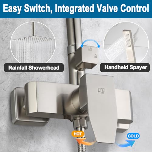 Kit de ducha exterior Brushed Nickel con grifería de una sola manija, montaje en pared, alta presión, sistema con ducha de 8 pulgadas y rociador manual combinado miniatura 7