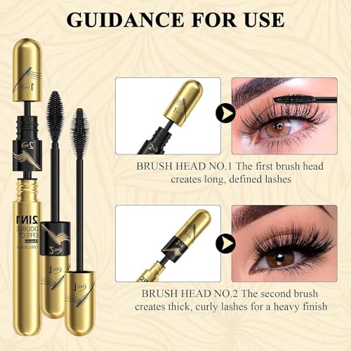 2 in 1 4D Silk Fiber Lash Mascara Waterproof, Lengthening Mascara Black, Waterproof Mascara Black - No Clumping Super Strong Waterproof No Toxic Mascara & Smudge-Proof Roller Lash Curling, Gold - Image 6
