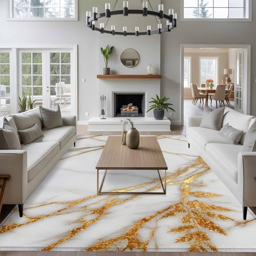 Rectangle Area Rug 6x9ft, Abstract Gold Stripes Marble Texture Non