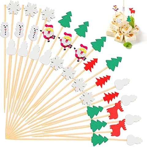 Chengu 140 Pcs 5.5 Inch Christmas Cocktail Picks Bamboo Appetizer Picks Handmade Santa Claus Christmas Food Picks Snowman Xmas Tree Elk Christmas Toothpicks for Christmas Decorations Cover