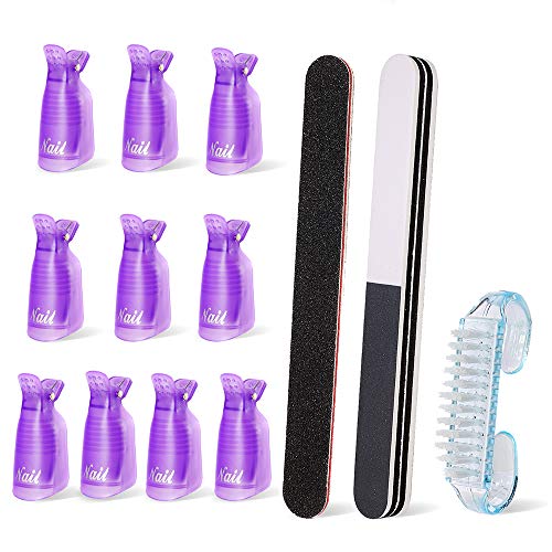 13PCS Professional Nail Polish Removers Clip Caps, Acrylic Nail Gel Remover Tools Kit, Reusable Nail Art Clips - Nail Brush,100/180 Nail File, Buffer Block