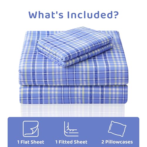 Image of Mooreeke Cozy Plaid Microfiber Printed Queen Sheet Set - Soft & Breathable Purple Yellow Plaid Bed Sheets with Extra Deep Pocket - Non-Slip Fitted Design - Purple Yellow Square Plaid Pattern - Queen