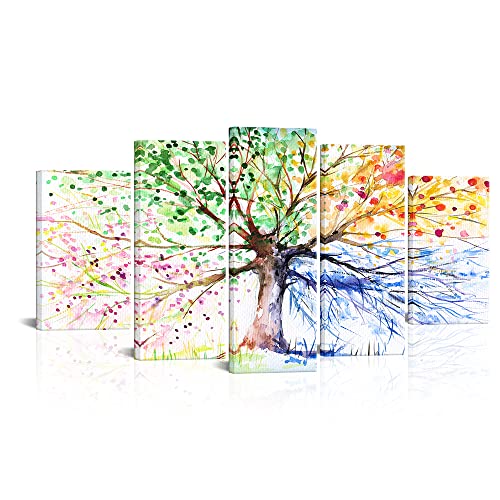 PoGoXiPoYo 5 Panel 4 Seasons Tree of Life Canvas Wall Art Colorful Lucky Tree Modern Abstract Oil Painting Picture for Living Room Bedroom Office Home Decor