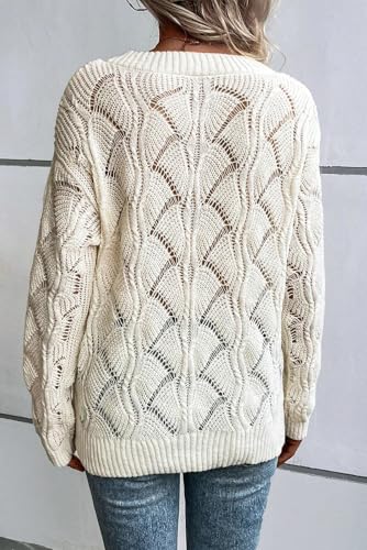 Women's Beige Hollow Out Knit Drop Shoulder V Neck Sweater3