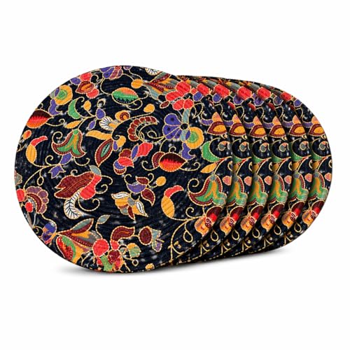 Image of Premium Round Cotton Dining Table Mats Set of 6 | Washable Heat Resistant Food Mat | Circular Dining Table Hot Plate Mats & Coaster for Hot Utensil (14-inch, Printed Floral /Blue)
