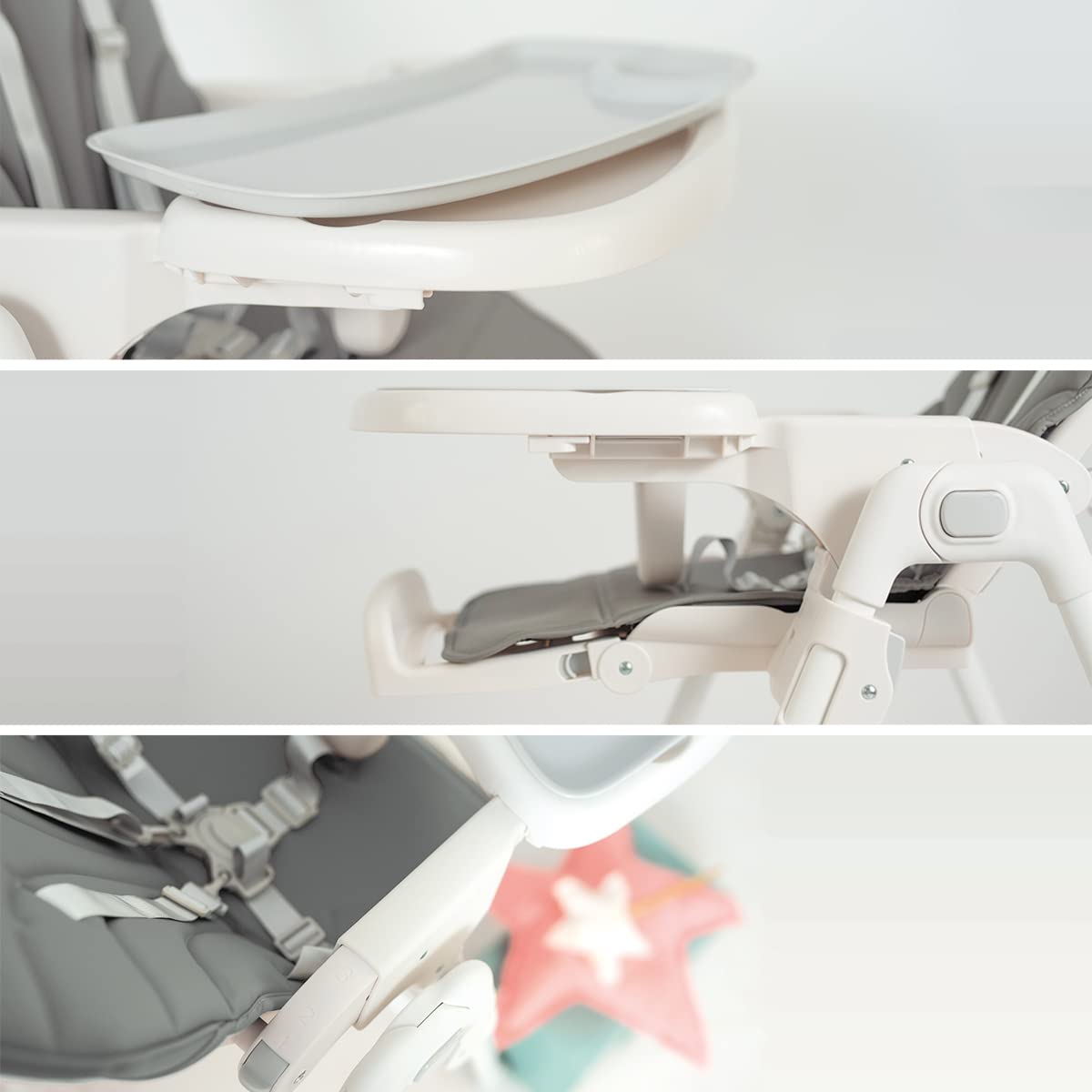 Olmitos – Trona bebe ligera multi posiciones – Asiento regulable con bandeja extraíble – Incluye ruedas y fácil plegado – Asiento acolchado y cómodo con textil anti manchas (CHARCOAL)