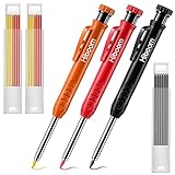 Hiboom 3 Pack Solid Carpenter Pencil with 21 Refill, Long Nosed Deep Hole Mechanical Pencil Marker with Built in Sharpener for Carpenter, Design Patent (Orange, Red, Black Cover)
