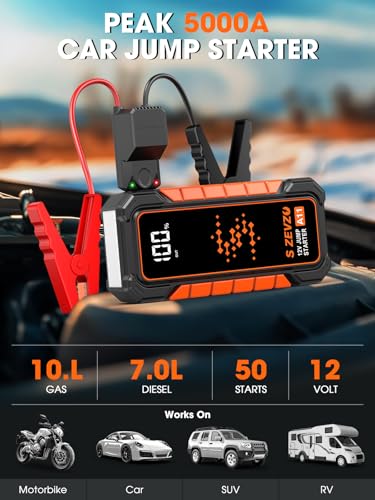 S ZEVZO A11 Jump Starter, Upgraded 5000A Car Battery Jumper Starter Portable (10.0L Gas & 7.0L Diesel Engines) with Booster 12V Lithium Jump Box with USB Charger, LCD Display, Flashlight, and Case - Image 3