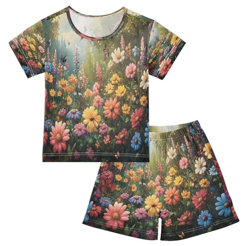 ALAZA Flower Butterfly Landscape Pajamas Set Short Sleeve Cotton Sleepwear Summer Pjs 2 Piece 5-14Y