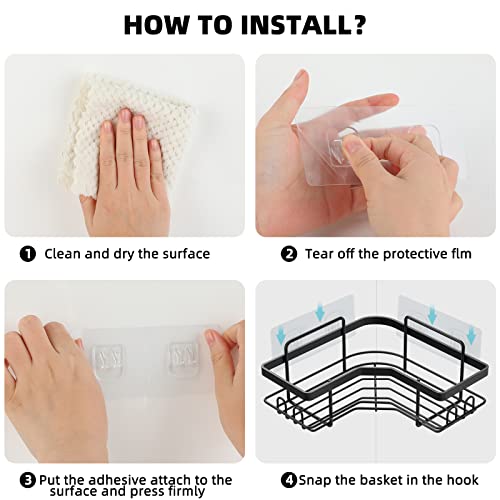 Bonn-1949-2-Pack-Corner-Shower-CaddyStrong-adhesive-Shower-Organizer-Shelf-with-8-hooksWaterproof-rustproof-wall-mounted-shower-shelves-for-bathroomdorm-and-kitchen-No-Drilling-Black