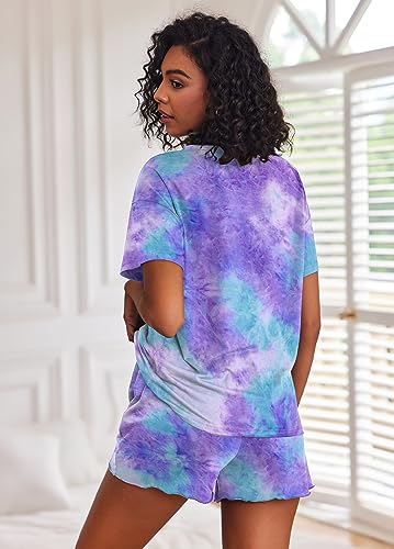Image of Ekouaer Pajamas Set for Women Short Sleeve Lounge Set 2 Piece Loungewear PJs Soft Cute Lightweight Sleepwear