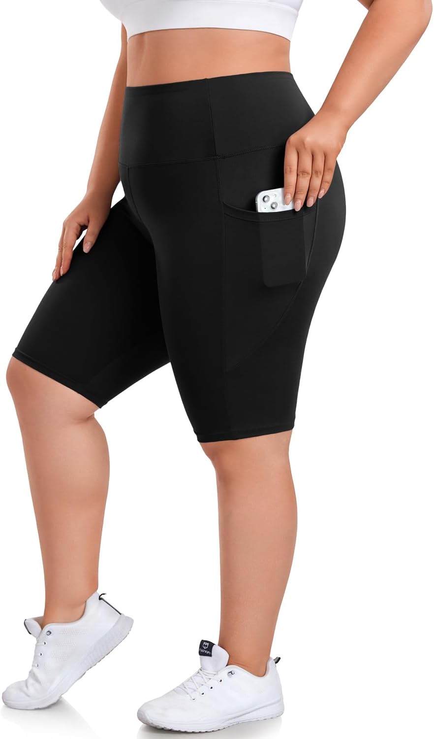 Plus Size 8" Biker Shorts with Pockets - High Waisted Spandex Yoga Shorts for Women, Workout Gym Cycling Athletic