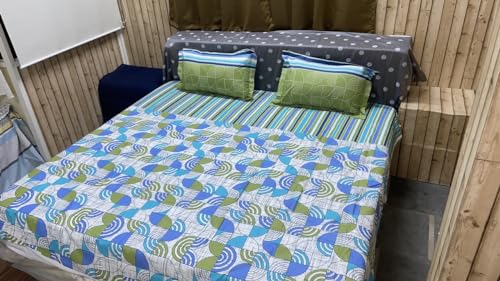 Image of Bedsheet Bed with 2 Pillow Covers 100% Cotton 144 TC |Chadar - Flat Sheet with 2 Pillow Covers - Green Print King