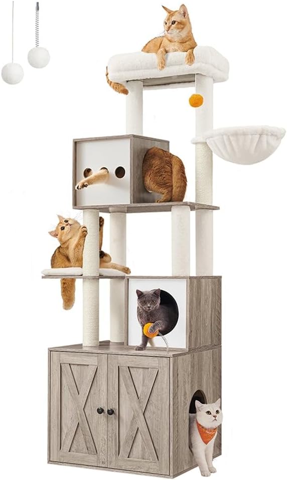 Cat Tree with Litter Box Enclosure, 70.1-Inch Tall Cat Tower | 2-in-1 Farmhouse Condo, Scratching Posts, Perch, Caves, Basket, Washable Cushion, Heather Greige, HAINS Collection UPCT116G01