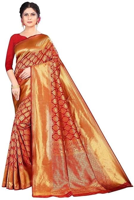 Indian Women’s Banarasi Kanjivaram Art Silk Saree with Blouse Material | Zari Woven Traditional Saree | Partywear, Wedding & Festive Wear | Gift Item | Gold Maroon (Pack of 1)