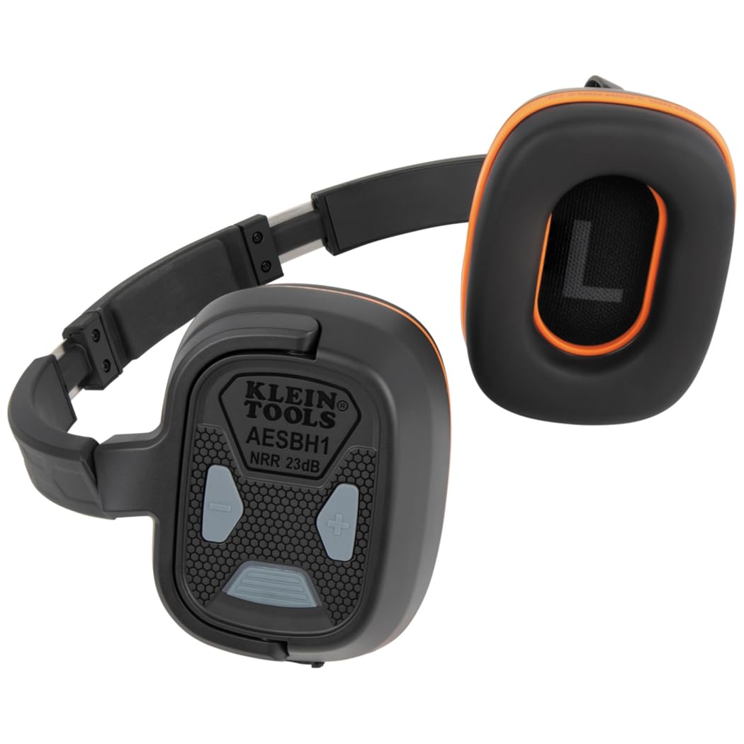 Klein Tools AESBH1 Behind-the-Head Bluetooth Ear muffs,NRR 23dB Hearing Protection, Works with Hard Hat, 70hr Runtime, for Loud Jobsites