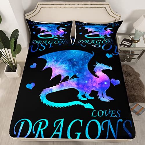 Erosebridal Boys Dragon Bedding Set, Blue Purple Starry Sky Fitted Sheet Twin Size, Cute Dragon Animal Bed Sheets for Kids Girls Teens Adult, Love Heart Bed Sets for Bedroom Decor, Black