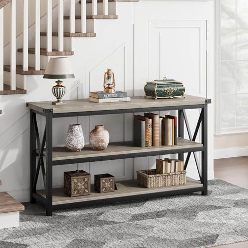 Industrial Long Console Table, 47 Inch 3-Tier Entryway Table with Storage Shelves, Rectangular Sofa Table for Entryway, Entry Table for Entrance, Hallway, Living Room, Bedroom (Gray, 47 in)